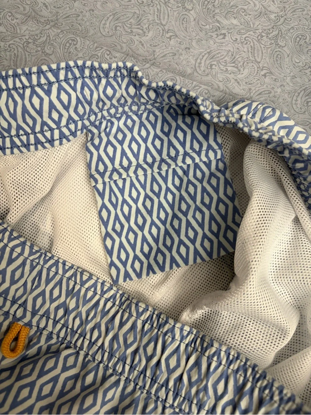 J Crew Men's Light Blue Geometric Swim Shorts with Yellow Drawstring